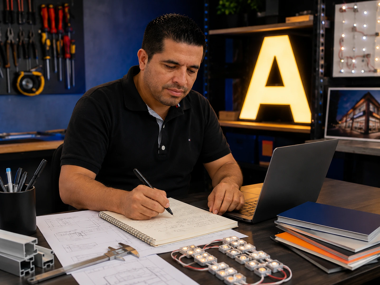 Gastón organizando su experiencia en anuncios luminosos para convertirla en formación