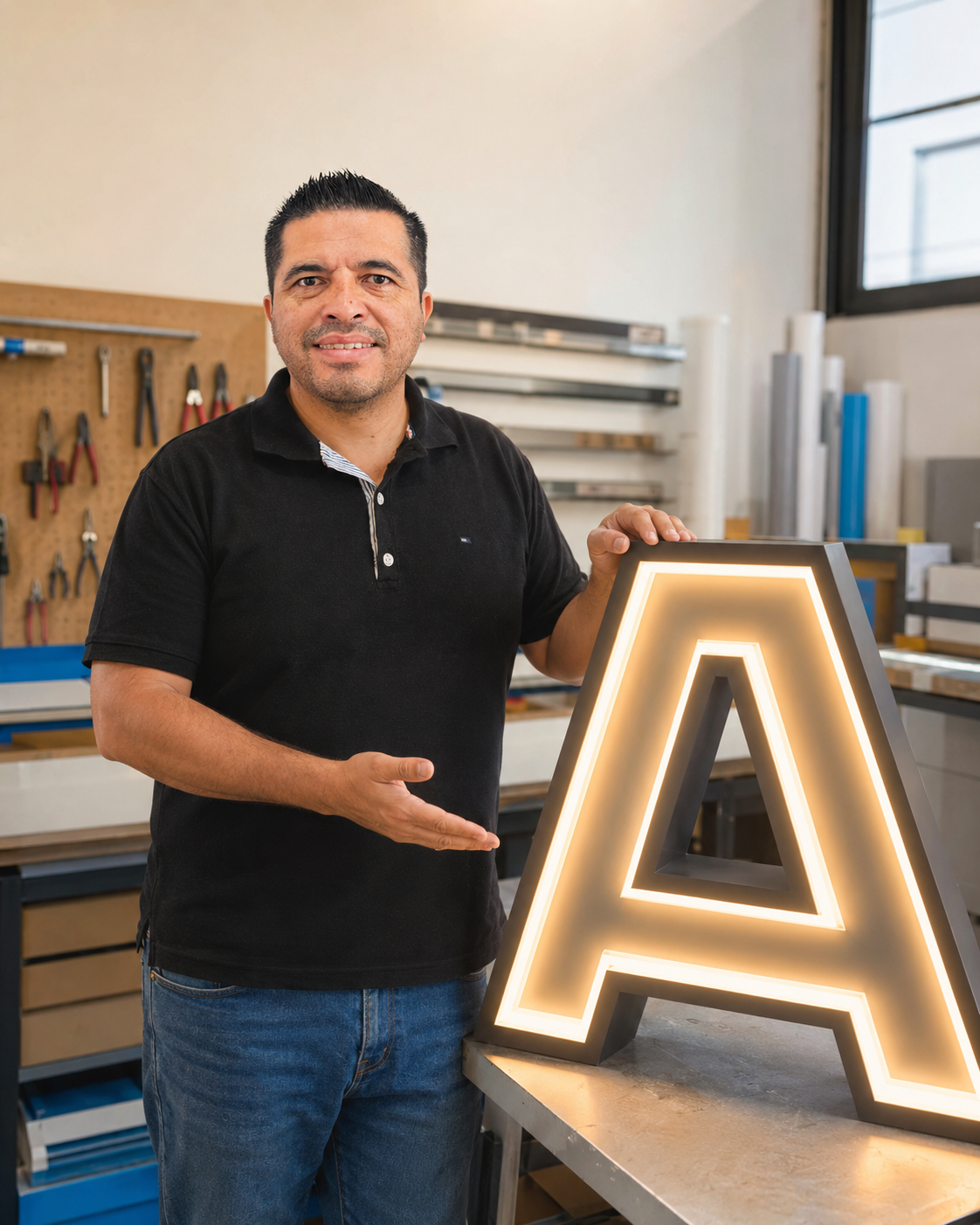 Gastón en un taller de anuncios luminosos